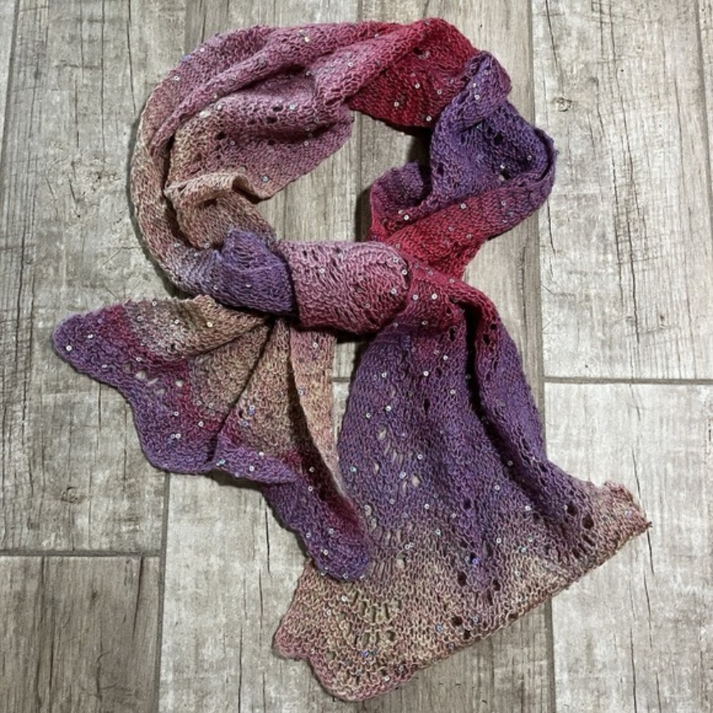 Handknit Lacy Scarf Mohair Pinks Sequins Beautiful Warm Soft Excellent Condition